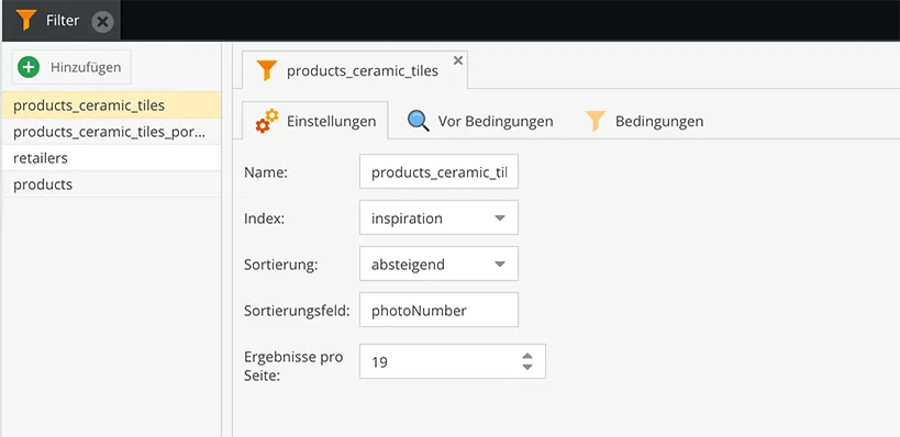 Pimcore-Backend: Einstellungen einer Filterkonfiguration