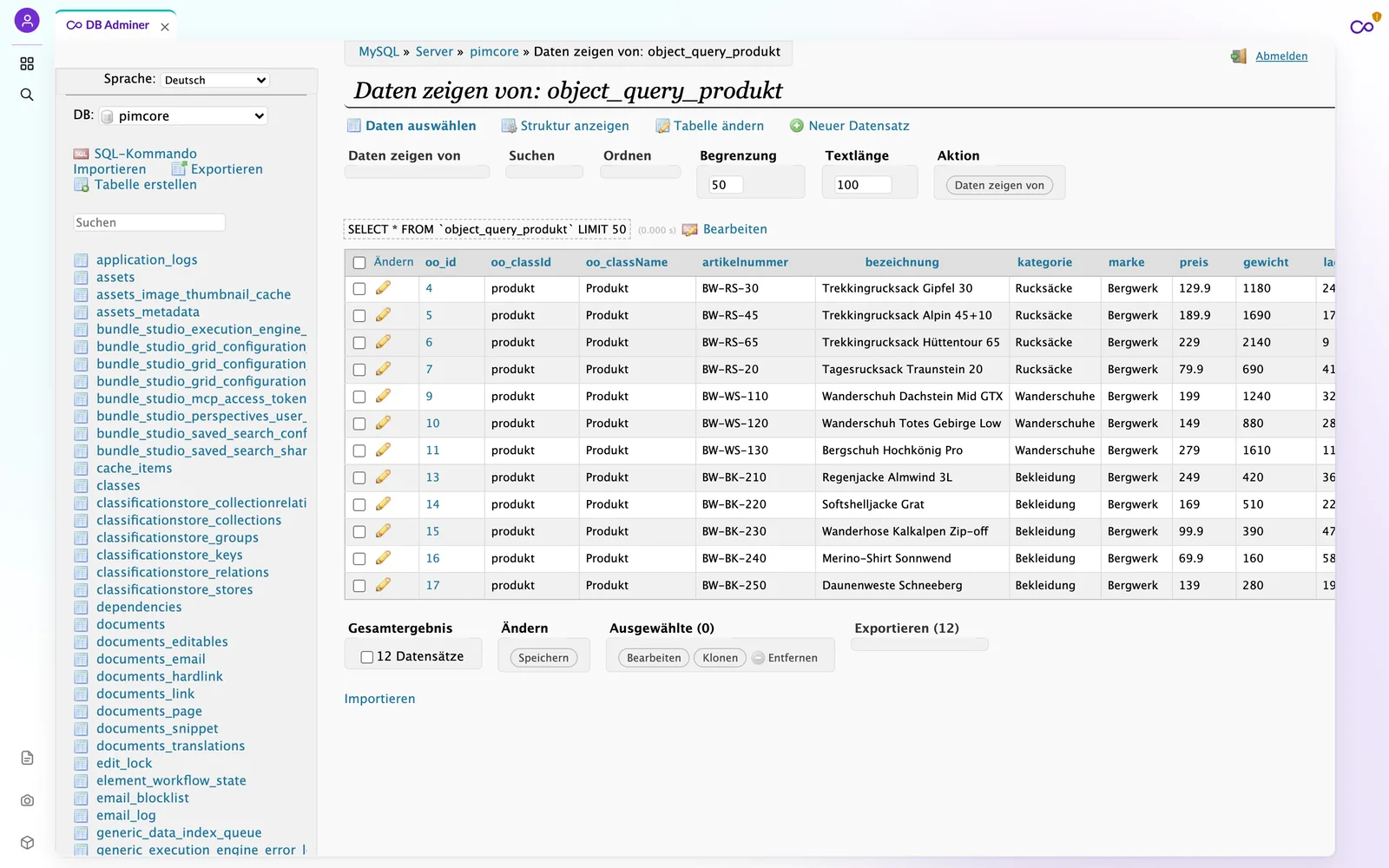 Adminer im Reiter DB Adminer von Pimcore Studio: Tabelle object_query_produkt mit zwölf Demo-Produkten, Spalten Artikelnummer, Bezeichnung, Kategorie, Marke, Preis und Gewicht