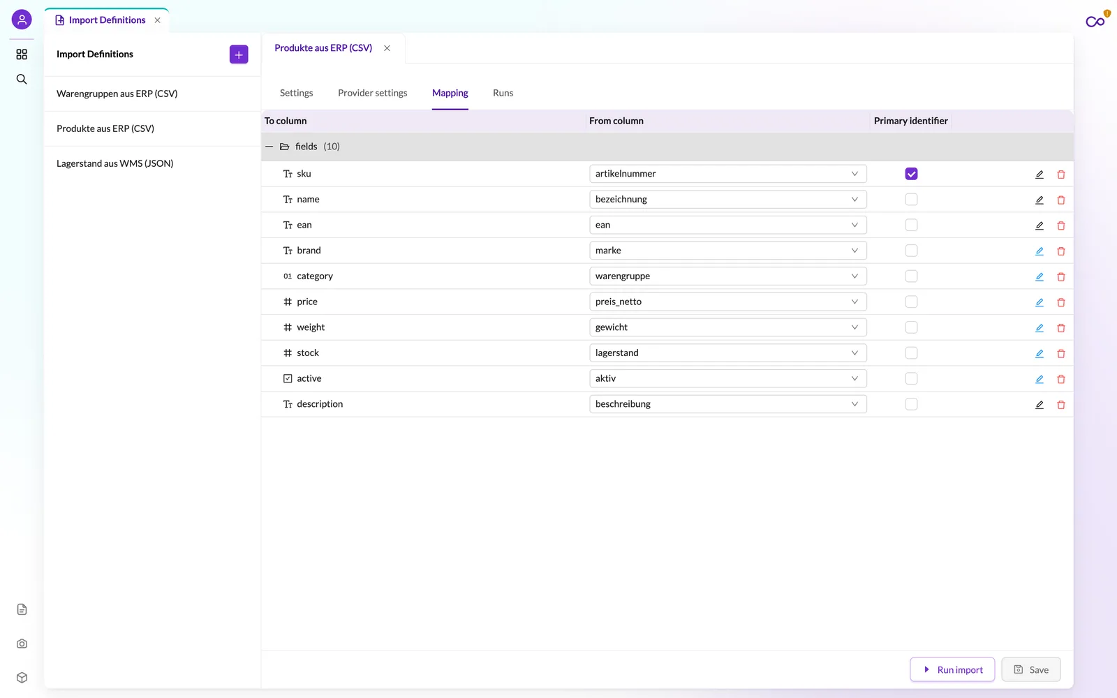 Import-Definition Produkte aus ERP (CSV) in Pimcore Studio, Reiter Mapping: zehn Felder der Klasse Product den CSV-Spalten artikelnummer, bezeichnung, ean, marke, warengruppe, preis_netto und weiteren zugeordnet, Artikelnummer als Primary Identifier
