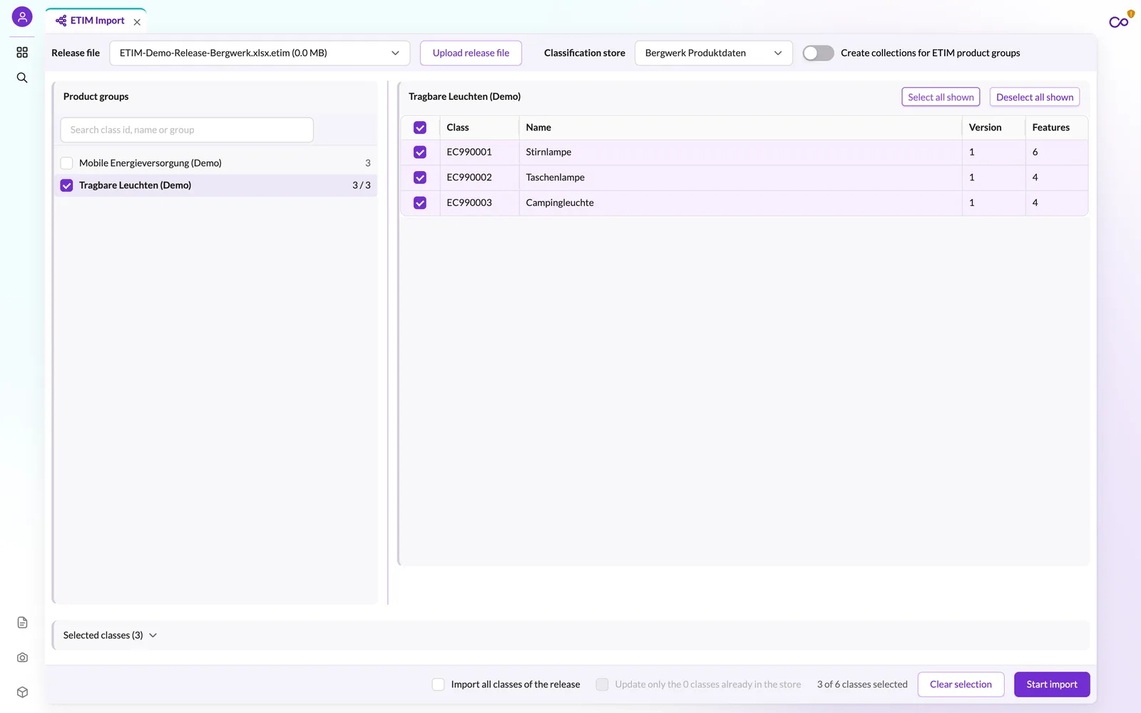 Studio-Widget ETIM Import: Release-Datei und Ziel-Store gewählt, links Produktgruppen, rechts drei ausgewählte Klassen Stirnlampe, Taschenlampe und Campingleuchte, unten Start import