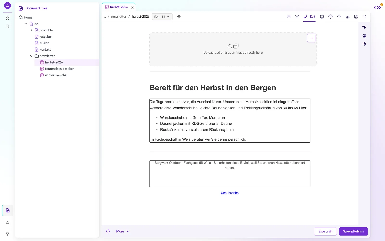 Newsletter-Dokument Bereit für den Herbst in den Bergen im Bearbeitungsmodus, links der Dokumentbaum mit drei Newslettern