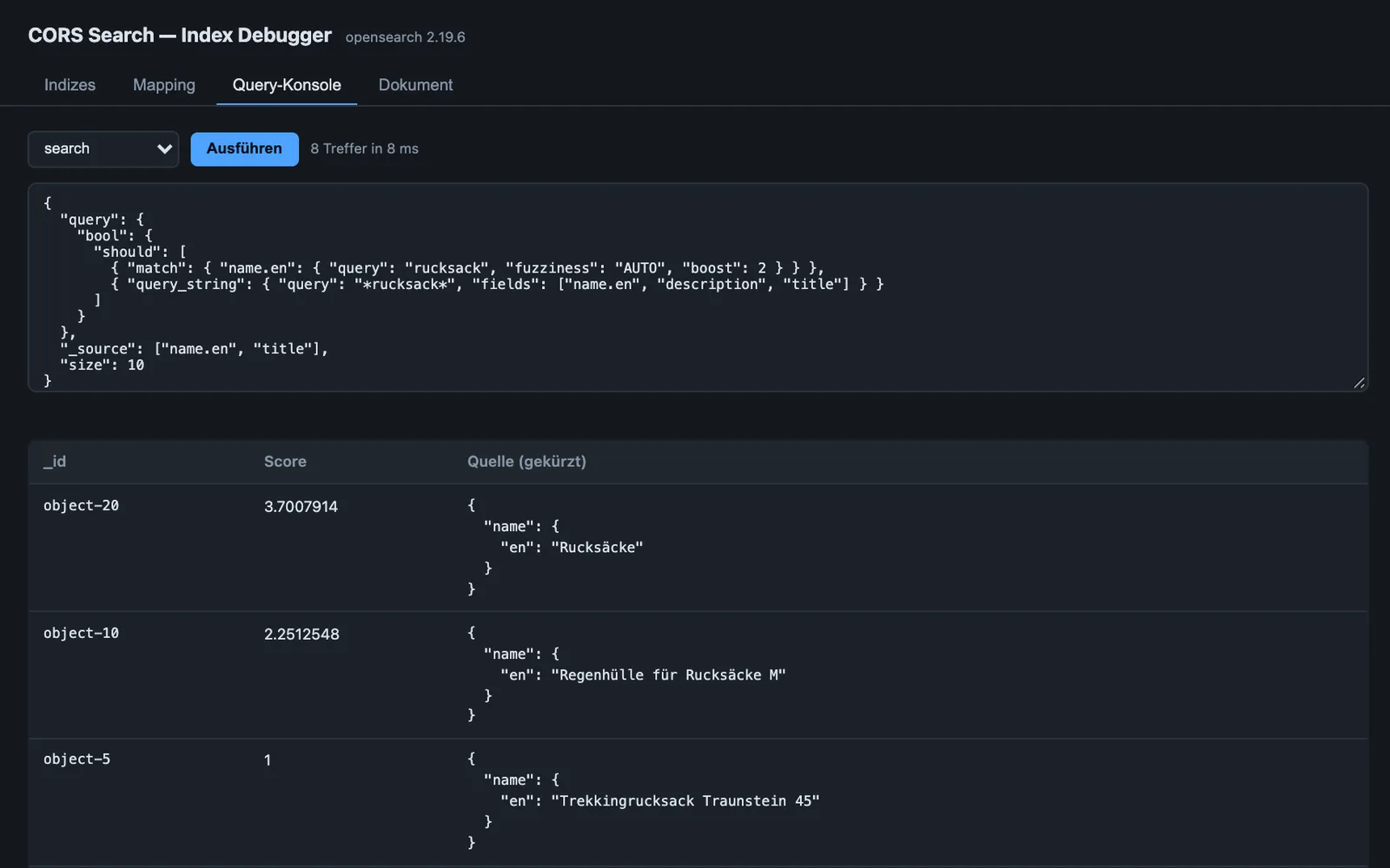 Index-Debugger des Search-Bundles, Reiter Query-Konsole: Suchabfrage nach rucksack mit Fuzzy-Match, darunter Treffer mit Score, etwa Regenhülle für Rucksäcke und Trekkingrucksack Traunstein 45