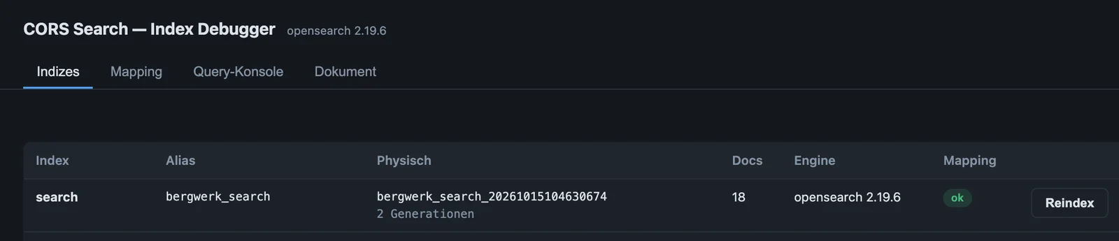 Index-Debugger, Reiter Indizes: Index search mit Alias, physischem Index, zwei Generationen, 18 Dokumenten, OpenSearch 2.19 und Button Reindex