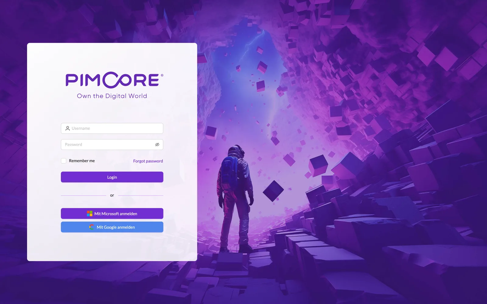 Login-Seite von Pimcore Studio mit Benutzername und Passwort sowie den Buttons Mit Microsoft anmelden und Mit Google anmelden