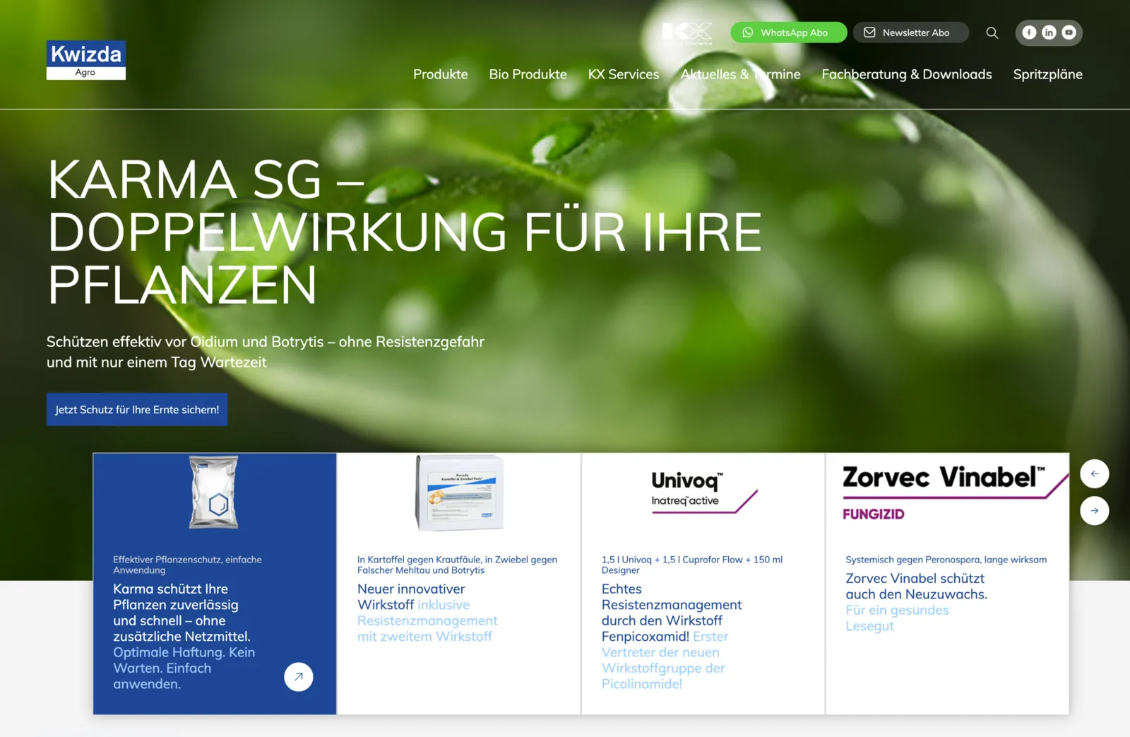 Startseite von Kwizda Agro mit Produktteasern